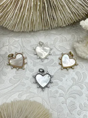 Mother of Pearl Spike Heart CZ Charm, Cubic Zirconia charm, MOP Charms, Brass Mother of Pearl, 4 finishes available, Fast Ship