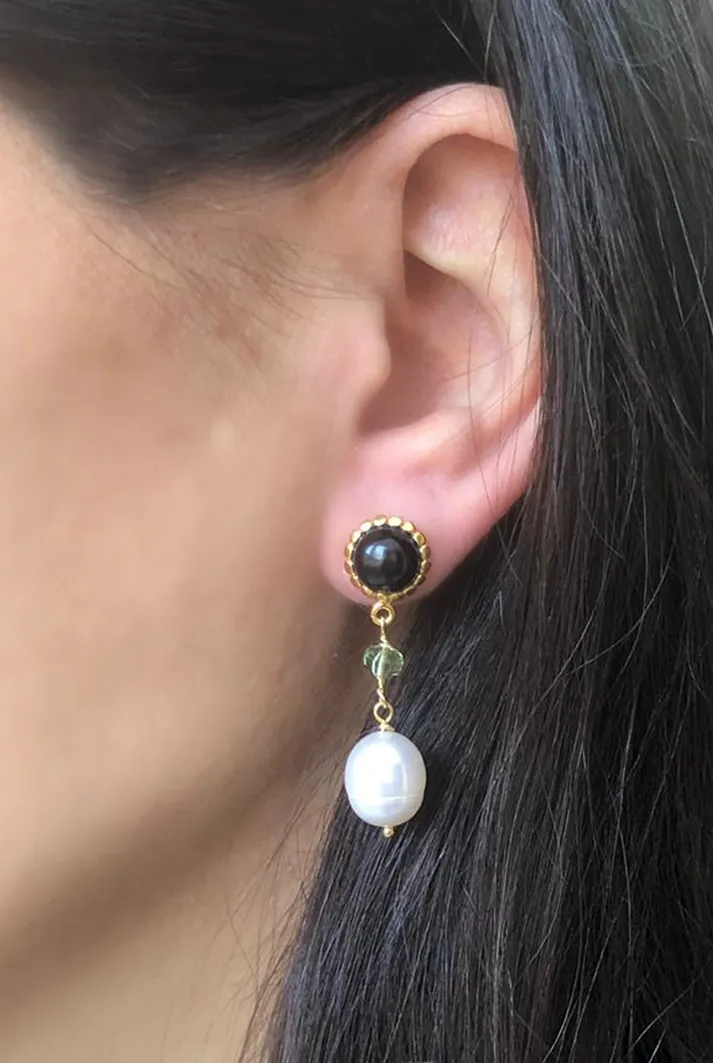 Onyx, Peridot & Pearl Drop Earrings