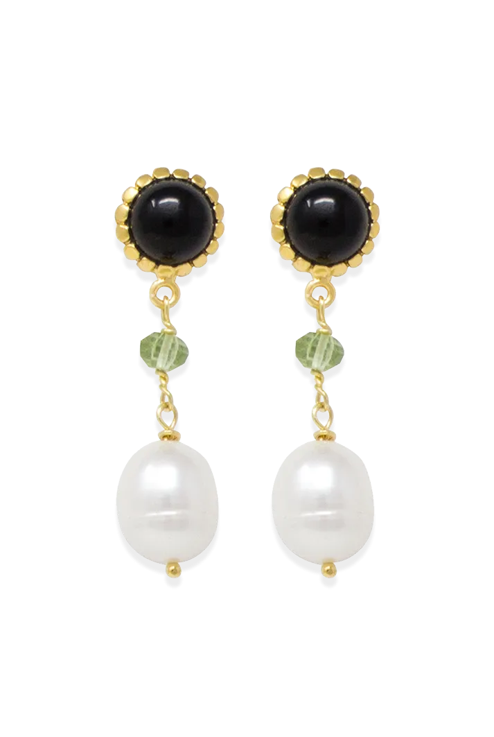 Onyx, Peridot & Pearl Drop Earrings