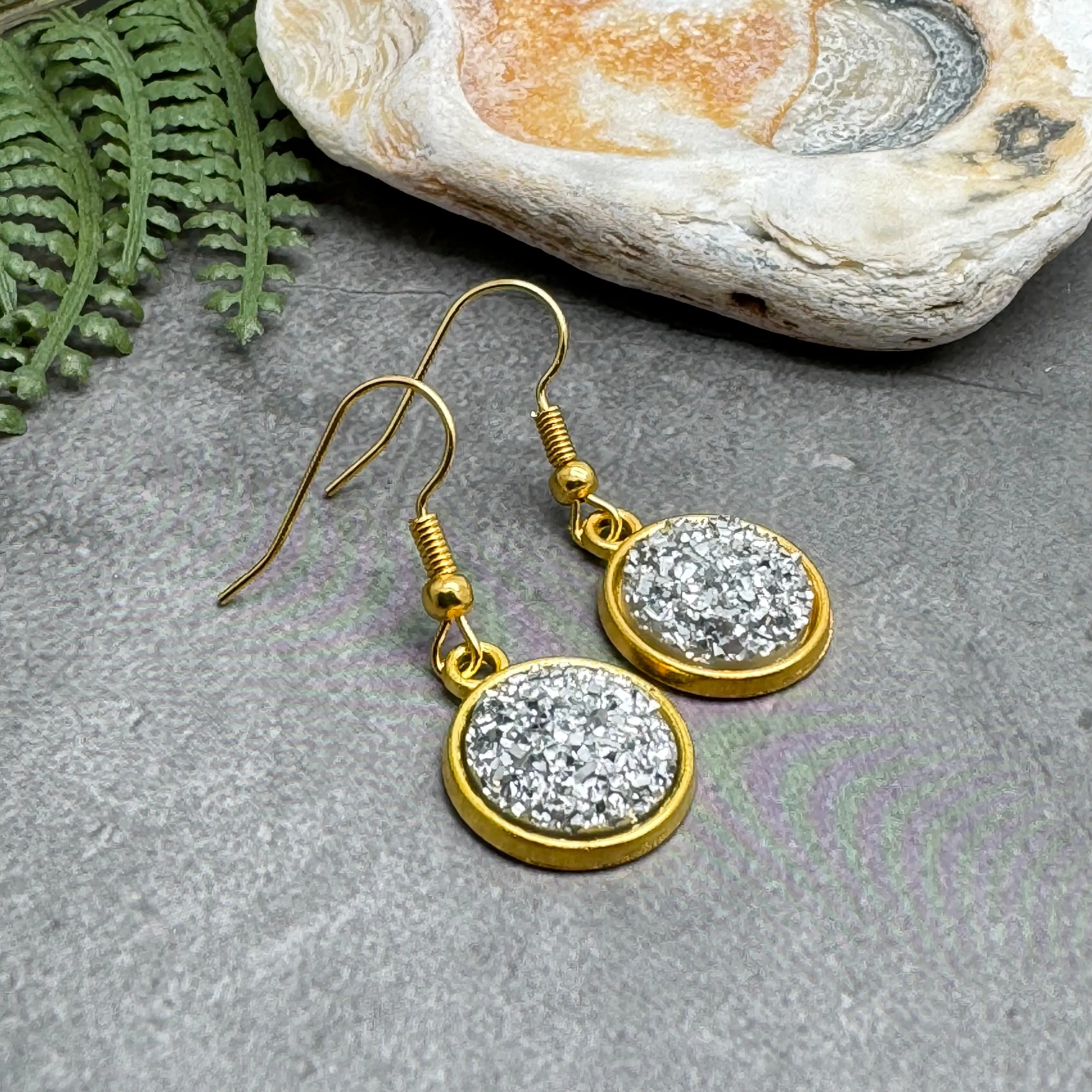 Pale Grey Druzy Resin Gold Plated Earrings