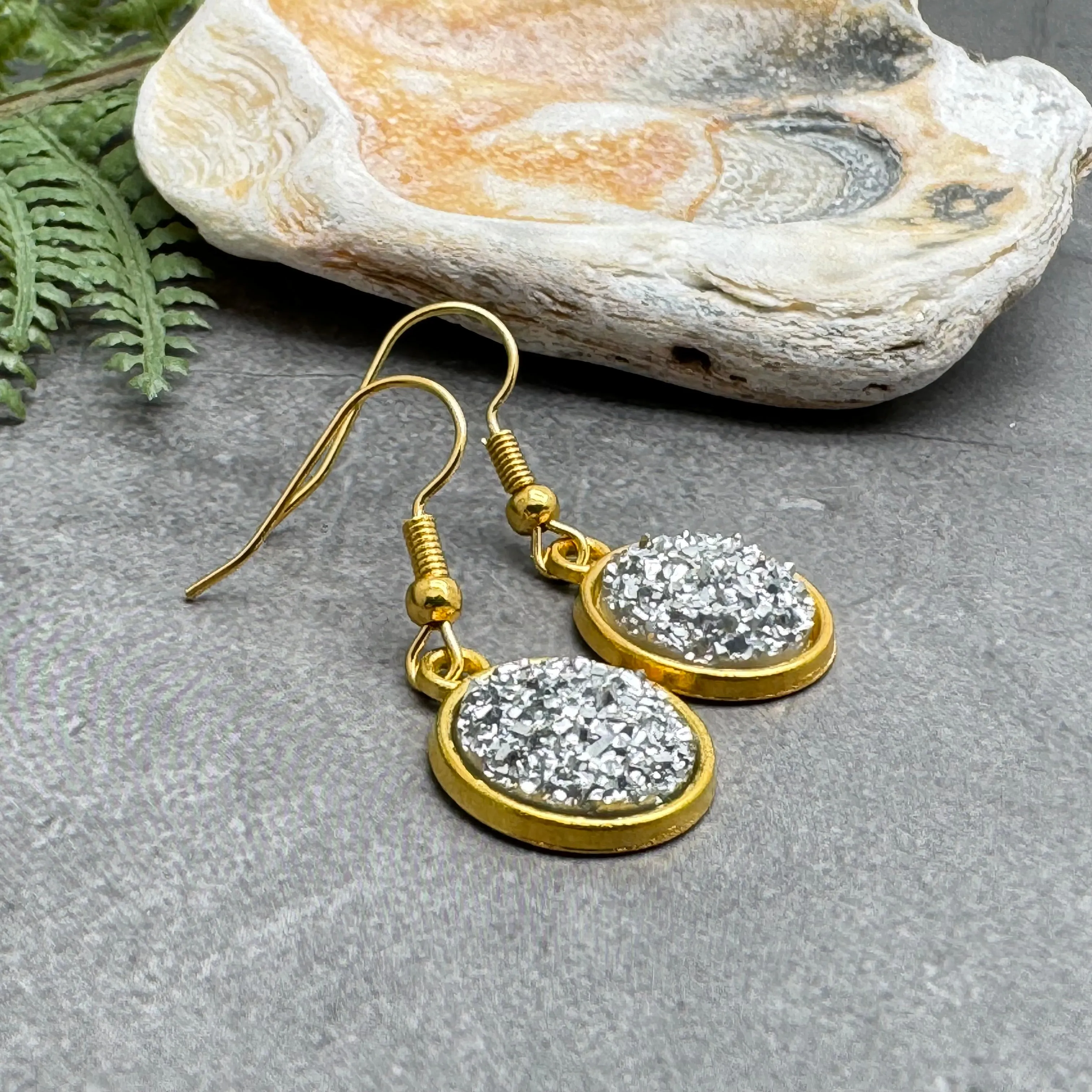 Pale Grey Druzy Resin Gold Plated Earrings