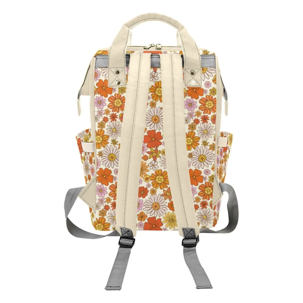 Retro Floral Diaper Bag Backpack, Pink Flowers Groovy 70s Baby Girl Waterproof Insulated Pockets Stylish Mom Designer Men Women Multipurpose