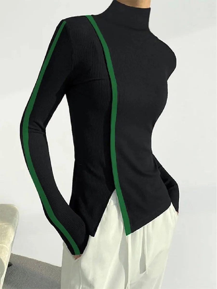 Stand Collar Color Block Urban Long Sleeve Blouse