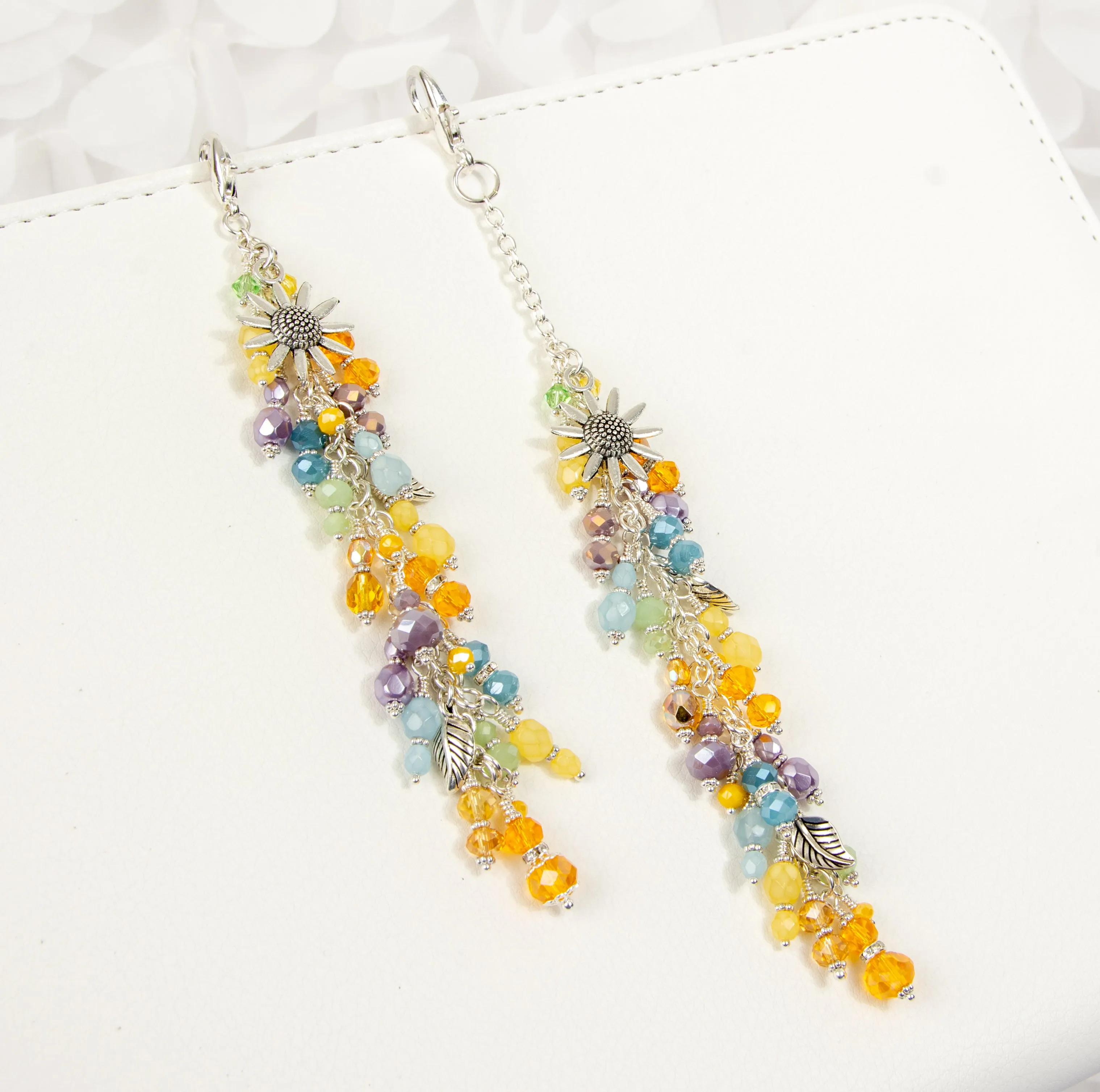 Sunflower Dangle Planner Charm with Golden Yellow, Blue, Green and Purple Crystals