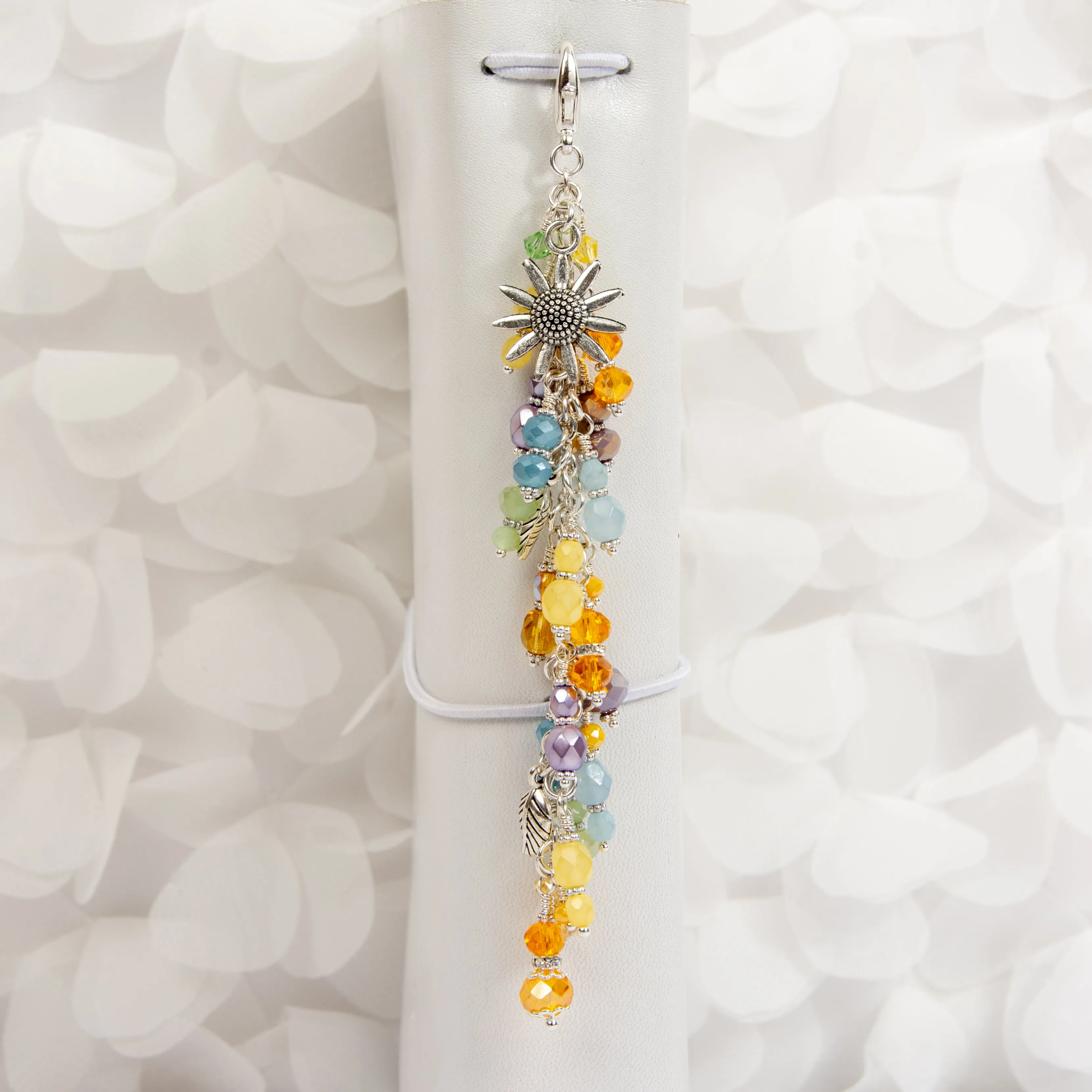 Sunflower Dangle Planner Charm with Golden Yellow, Blue, Green and Purple Crystals