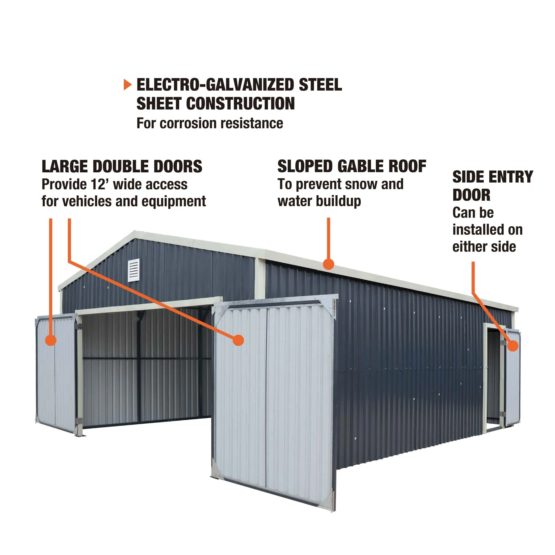 TMG Industrial 16’ x 24’ Metal Garage Shed with Double Front Doors, 10’ Peak Height, Side Entry Door, 384 Sq-Ft Floor Space, TMG-MS1624