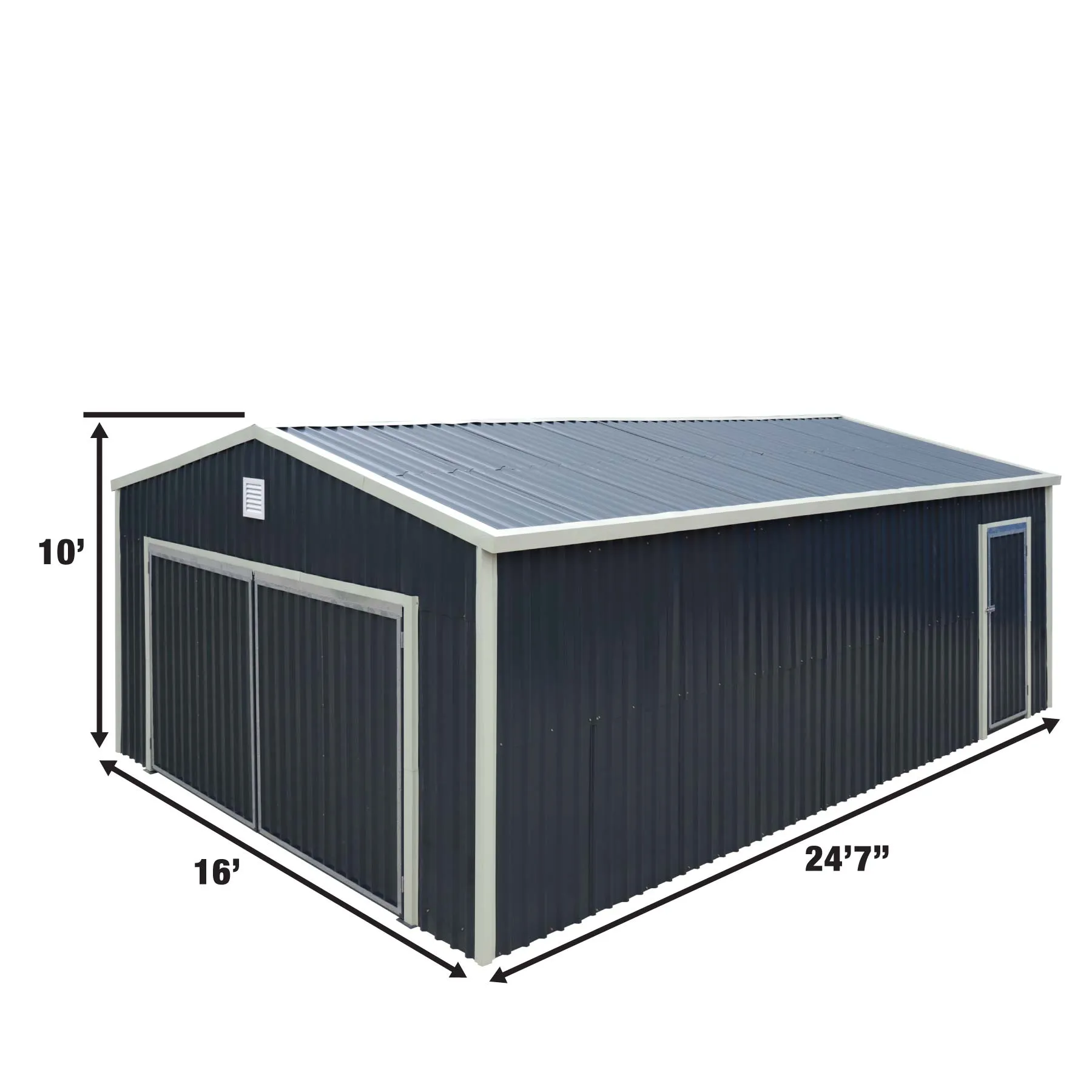 TMG Industrial 16’ x 24’ Metal Garage Shed with Double Front Doors, 10’ Peak Height, Side Entry Door, 384 Sq-Ft Floor Space, TMG-MS1624