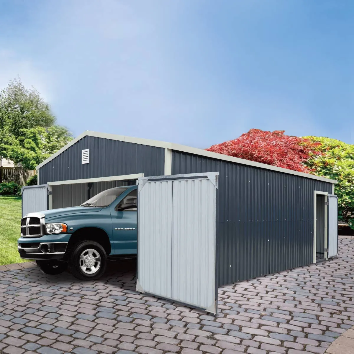 TMG Industrial 16’ x 24’ Metal Garage Shed with Double Front Doors, 10’ Peak Height, Side Entry Door, 384 Sq-Ft Floor Space, TMG-MS1624